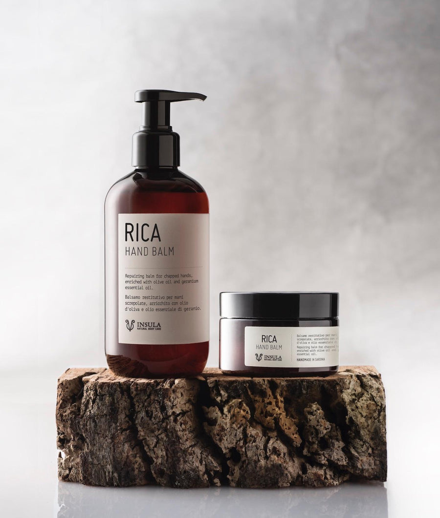 RICA - Crema mani idratante e protettiva in due formati, dispenser in pet da 250ml e vaso in pet da 100ml